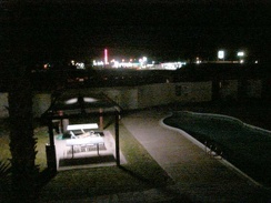 The motel pool below my balcony and Baker's skyline beyond