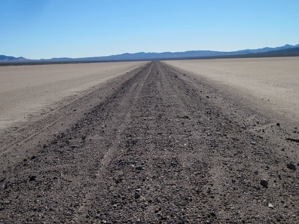 Running down the middle of Broadwell Dry Lake is the remains of the former Tonopah &amp; Tidewater Railroad bed