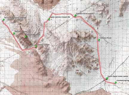 Bicycle route from Devil's Playground to Cornfield Spring Road via Jackass Canyon and Kelso Depot