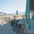 The ten-ton bike takes a rest at the Stovepipe Wells general store