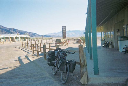 The ten-ton bike takes a rest at the Stovepipe Wells general store