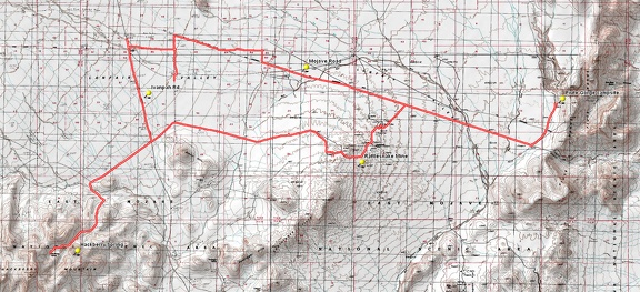 Round-trip bicycle route, Piute Gorge to Hackberry Spring via Rattlesnake Mine