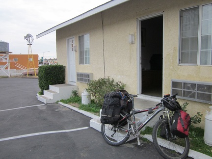 OK, it's time; I pack up the 10-ton bike and leave the Route 66 Motel—I'll be in sleeping in a tent tonight; I can't wait