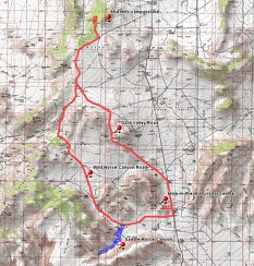 Route of Gold Valley bicycle ride from Mid Hills campground, plus a short hike in Saddle Horse Canyon