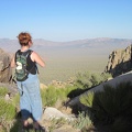 On Teutonia Peak, we linger and enjoy; Heather looks across the valley to the Mid Hills, where we're camping