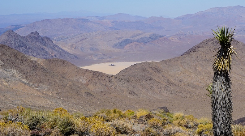 Bright sunshine and a bit of smoke in the air as I look down toward "The Racetrack" in Death Valley National Park